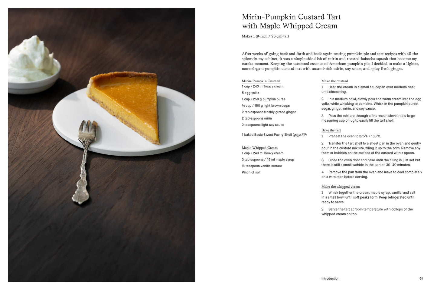 Open cookbook page with pumpkin custard tart slice and recipe list