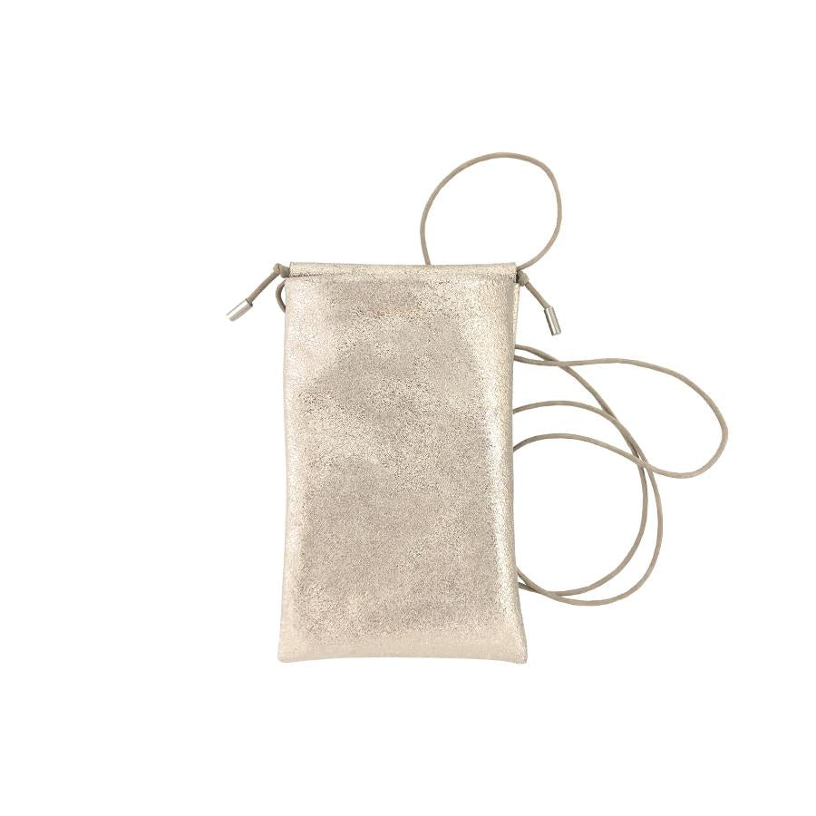 Sparkly champagne crossbody phone pouch with top handle and zipper closure