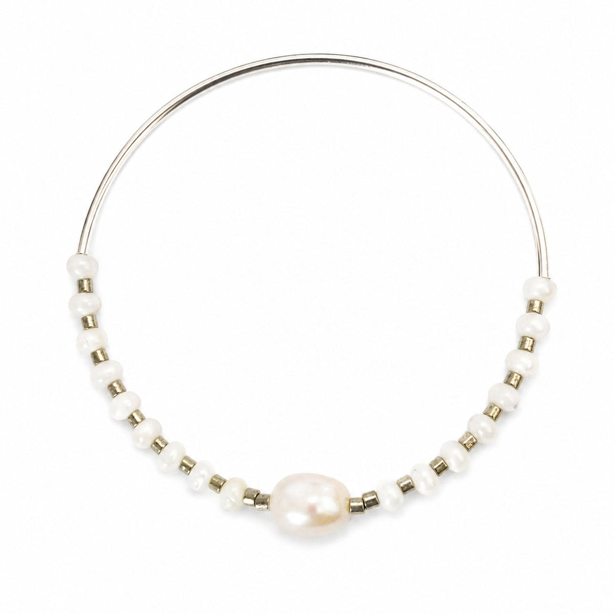 Stretch Bangle Bracelet - Pearl & Shell - Silver