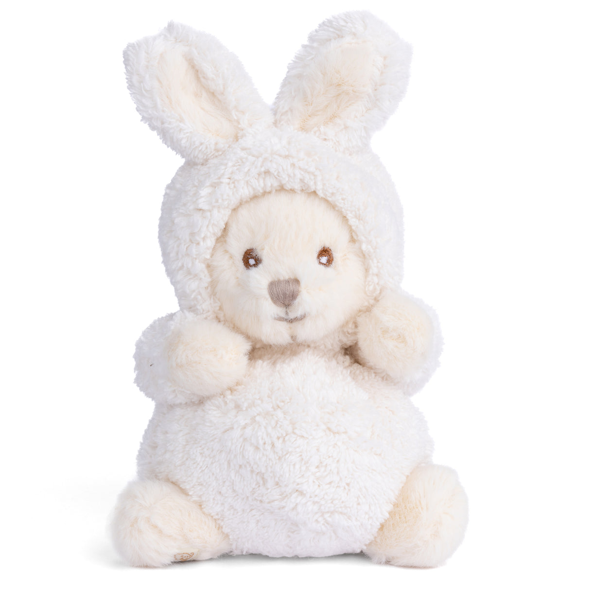 Cream plush bunny with floppy ears, stitched face, and fuzzy sitting body