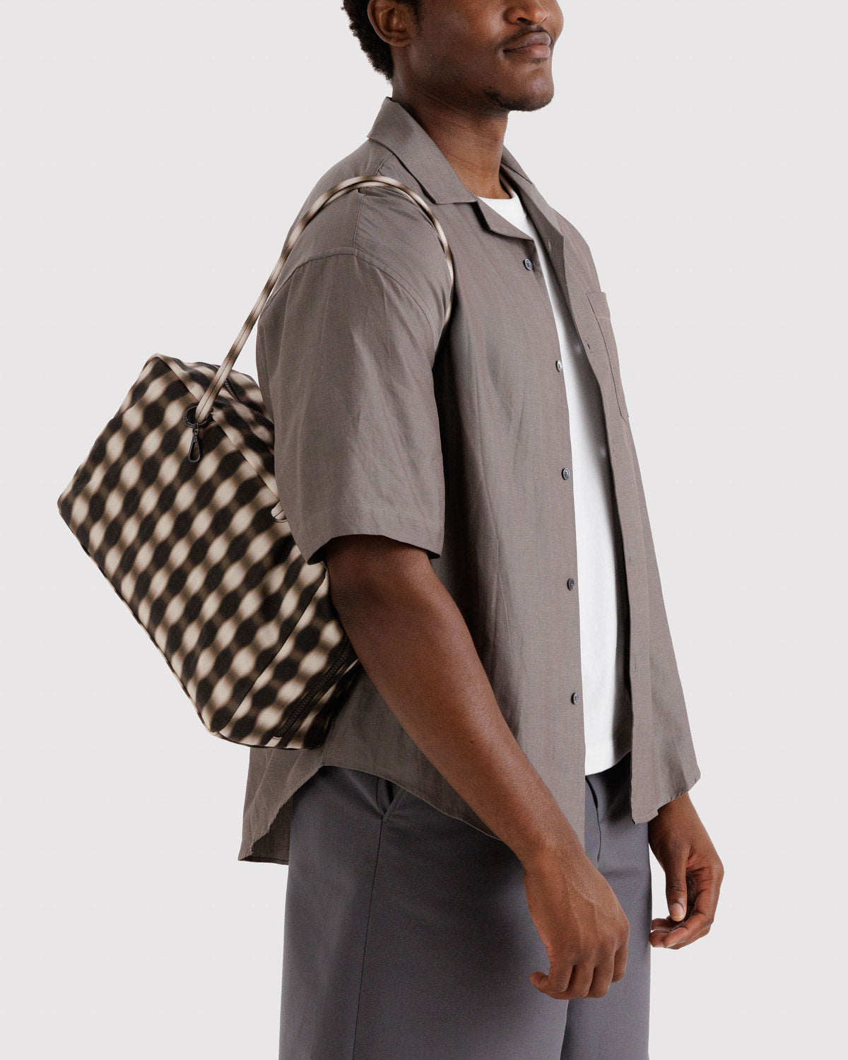 Brown-and-cream gingham bowler bag with top zip and handles