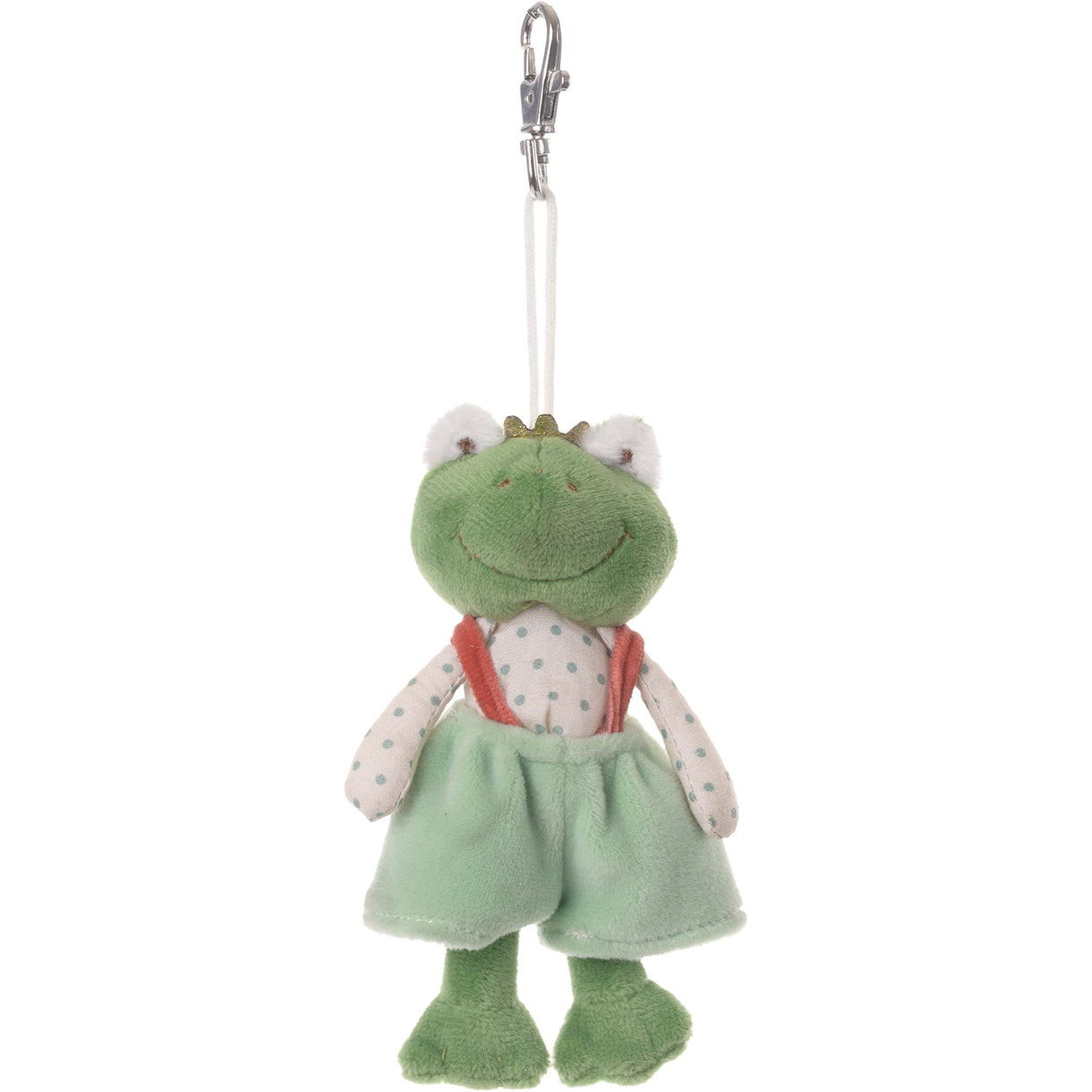 Frog plush keychain with light green dress and white polka-dot sleeves