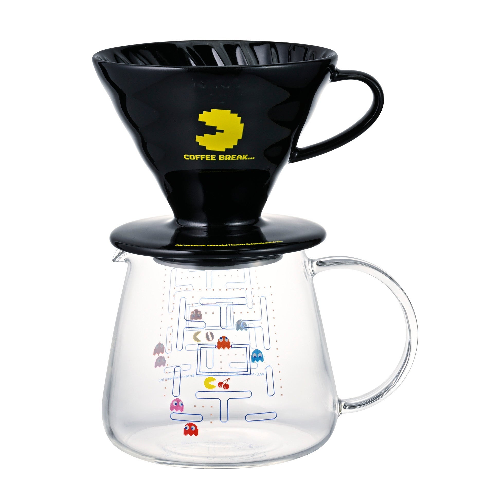 Black ceramic coffee dripper with yellow PAC-MAN and 'COFFEE BREAK...' text