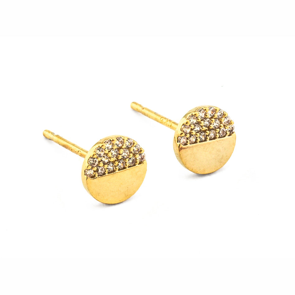 Gold-tone pave stud earrings, round half-dome design with straight posts