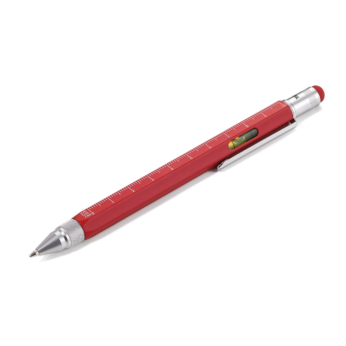 Red ballpoint measuring pen with ruler markings and built-in bubble level