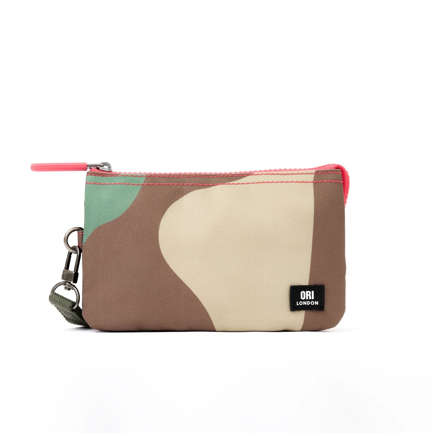 Medium recycled canvas zipper pouch with abstract color-block print and metal key ring.