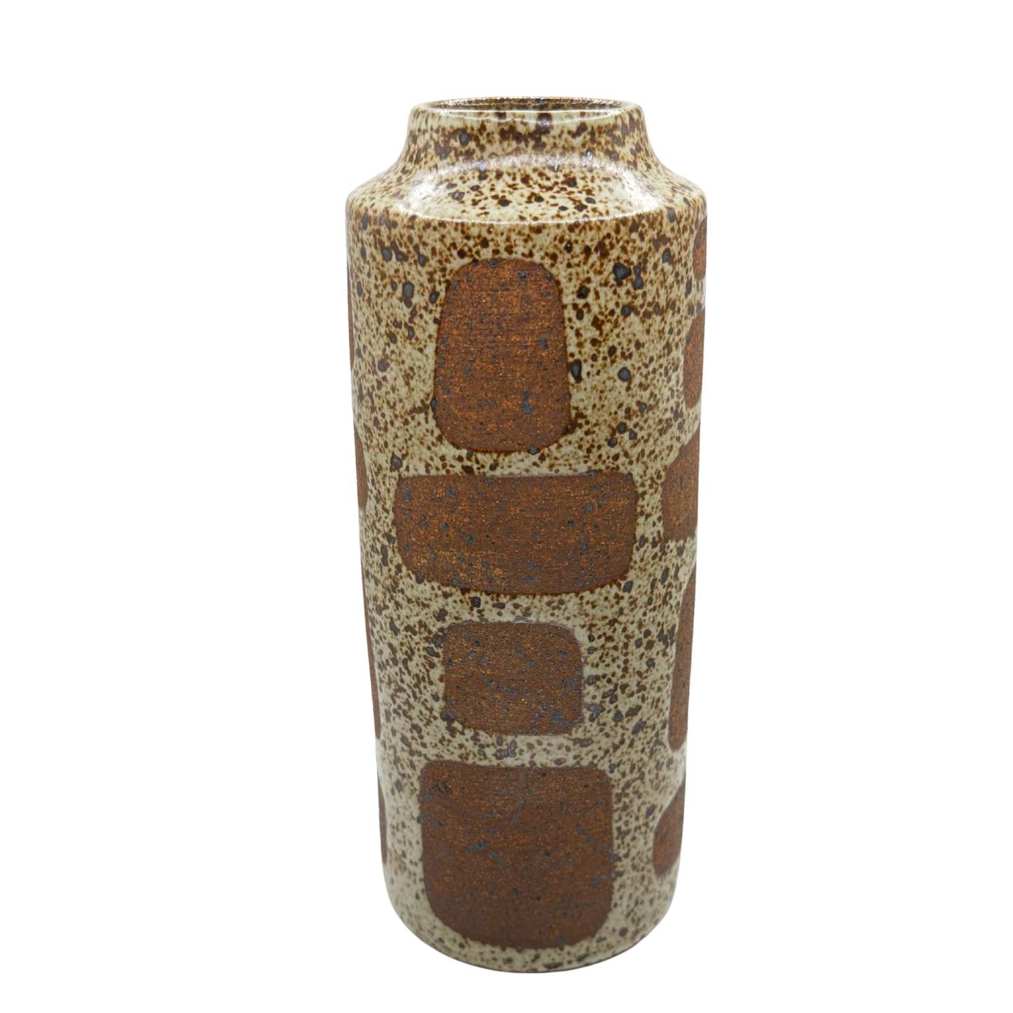 Tall ceramic vase with speckled beige finish and stacked brown shapes, short flared rim