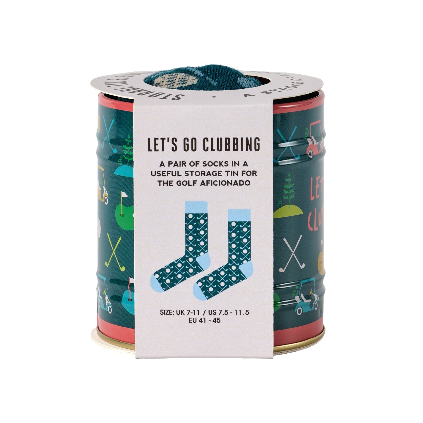 Golf-themed crew socks in a can, dark teal with golf ball and club pattern