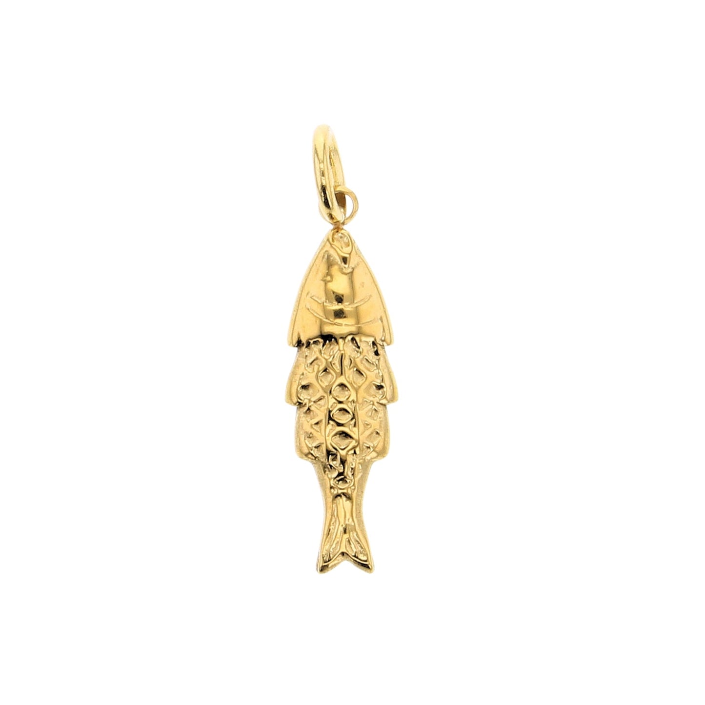 Gold fish charm necklace pendant, openwork scales and hanging loop
