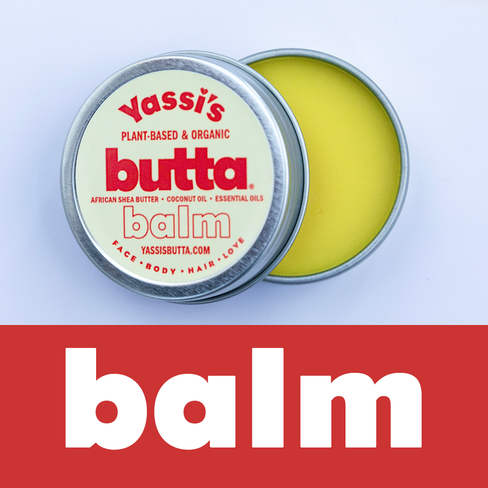 Yassi's Butta balm tin (1oz), open round container with yellow inner lid