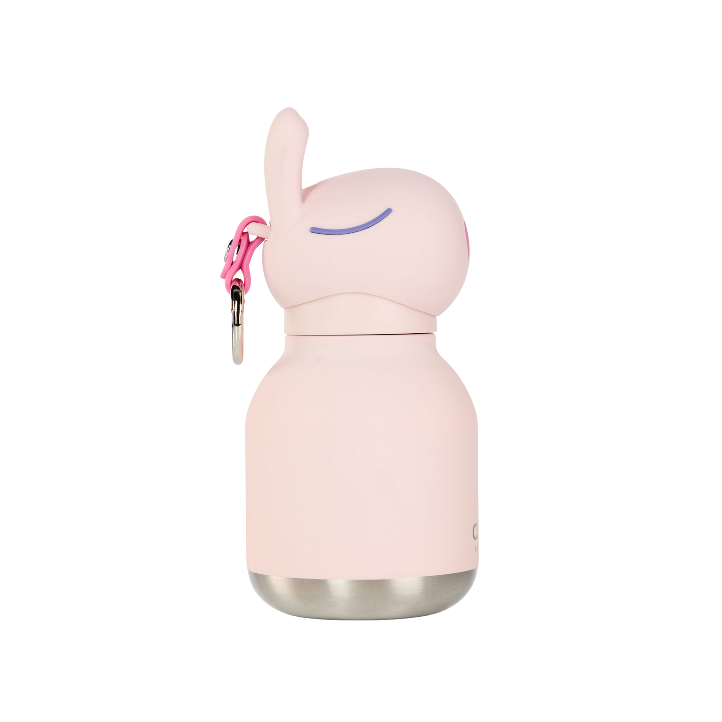Mini bunny water bottle, light pink with blue eye detail and side key clip, stainless base