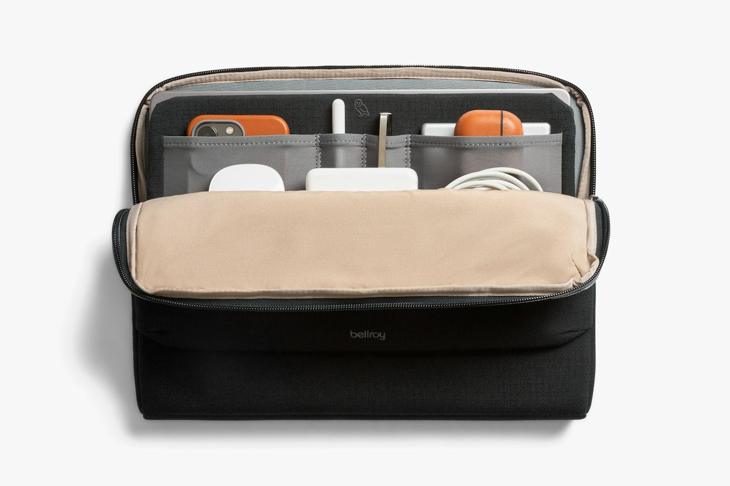 Black laptop caddy with open organizer front and beige interior pocket