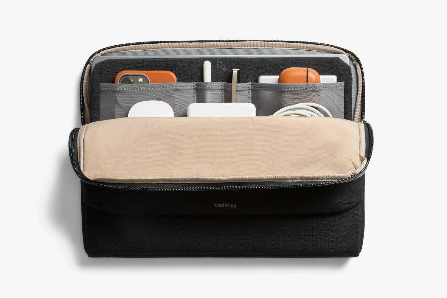 Black laptop caddy with open organizer front and beige interior pocket