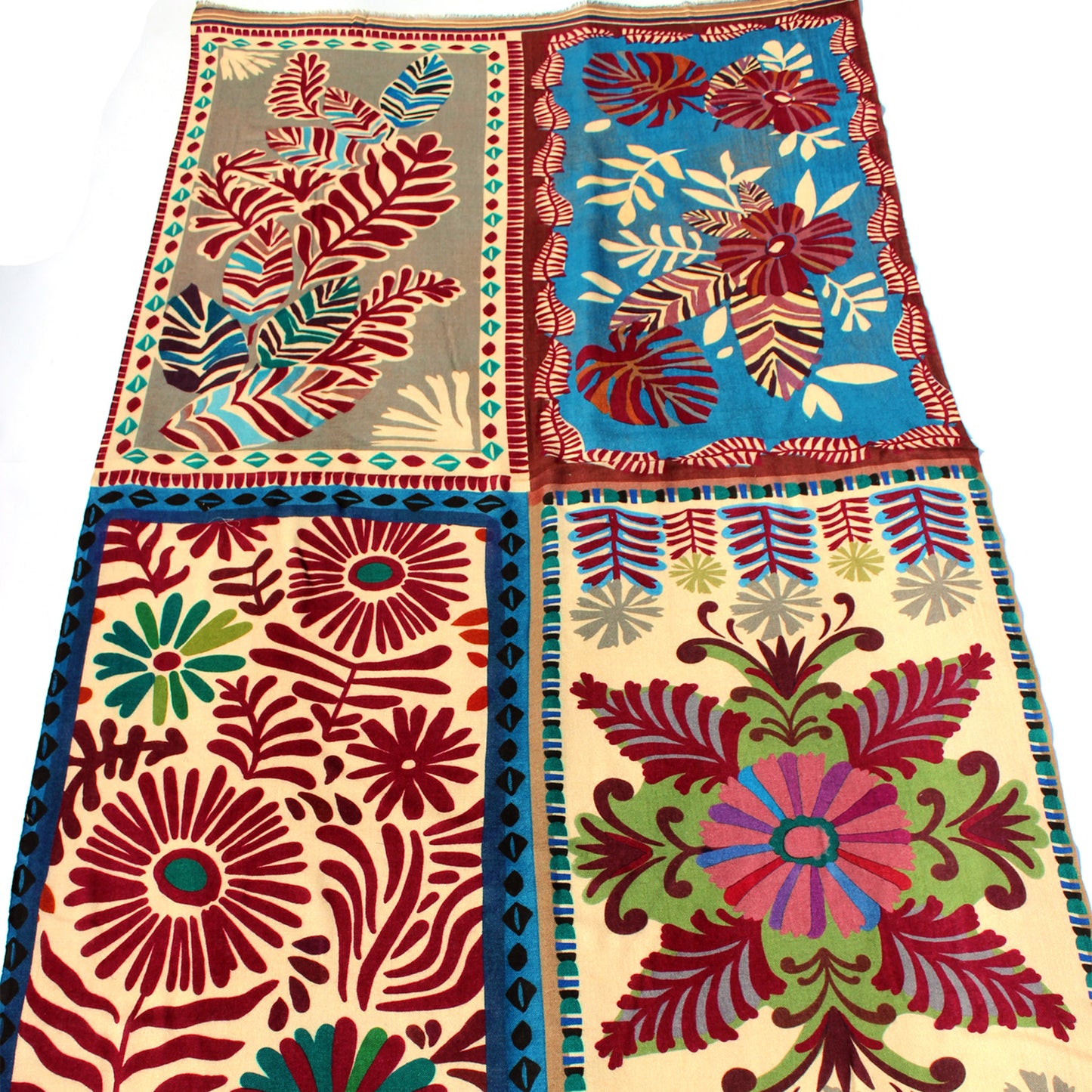 Kantha scarf close-up: four-panel floral and leaf motifs on beige ground