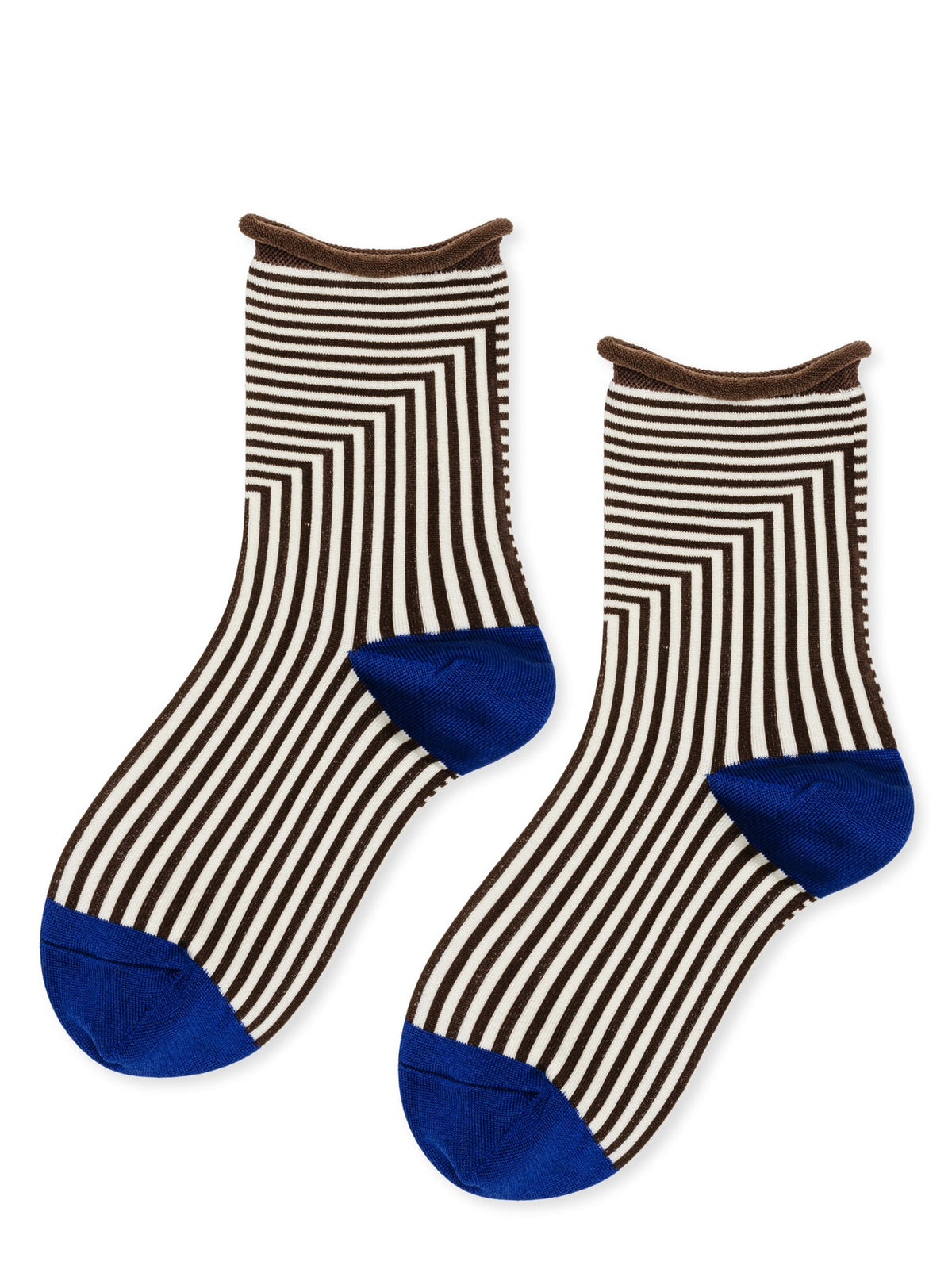 Crew socks with brown-and-cream zigzag stripes, blue toe, heel, and cuff