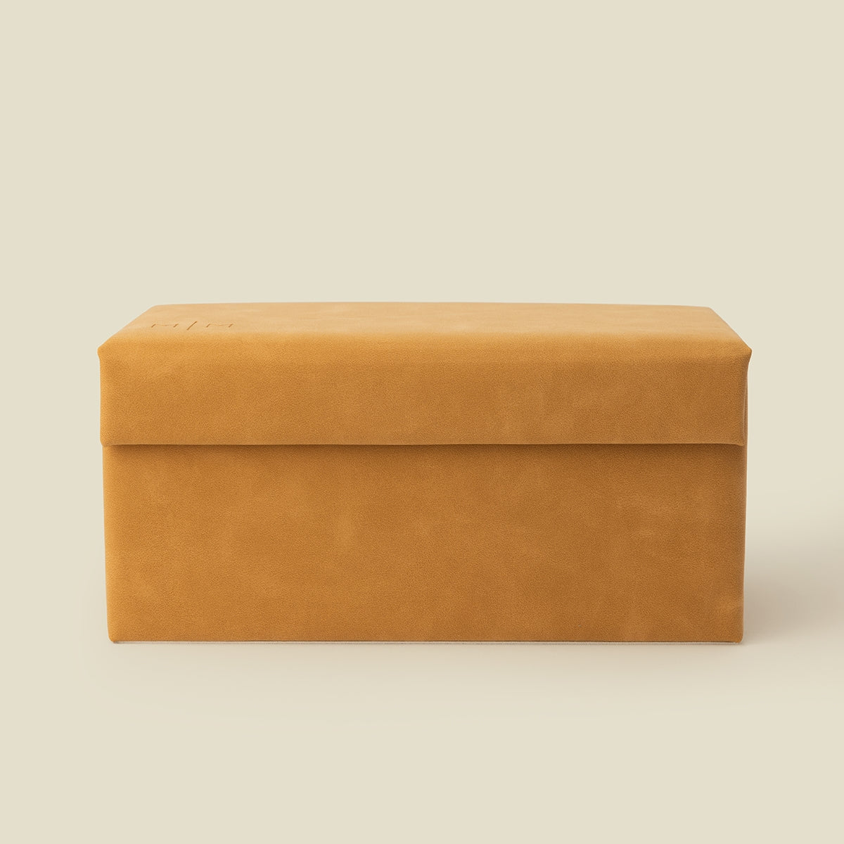 Honey vegan leather jewelry box with hinged lid, smooth faux leather finish.
