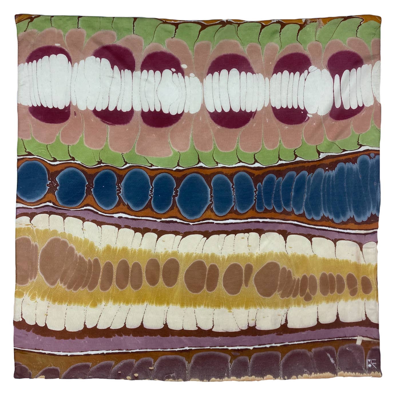 Marbled scarf close-up with wavy lip-like bands in cream, maroon, blue, green, brown