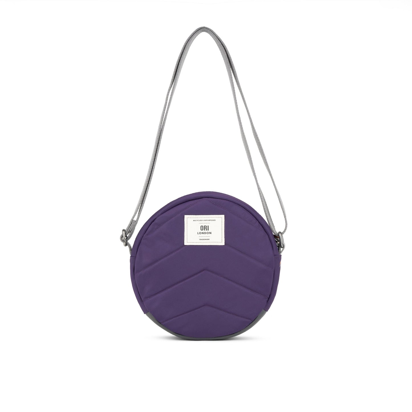 Recycled canvas crossbody bag, round purple back with label and gray shoulder strap