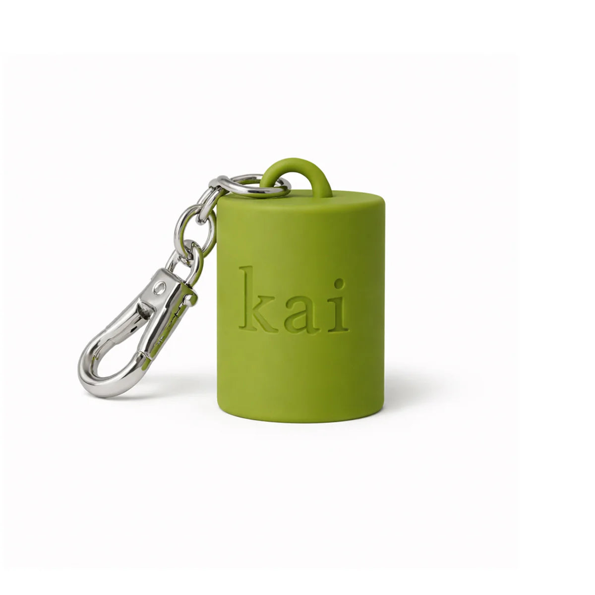 Green Kai keychain cylinder with metal clasp and carabiner ring