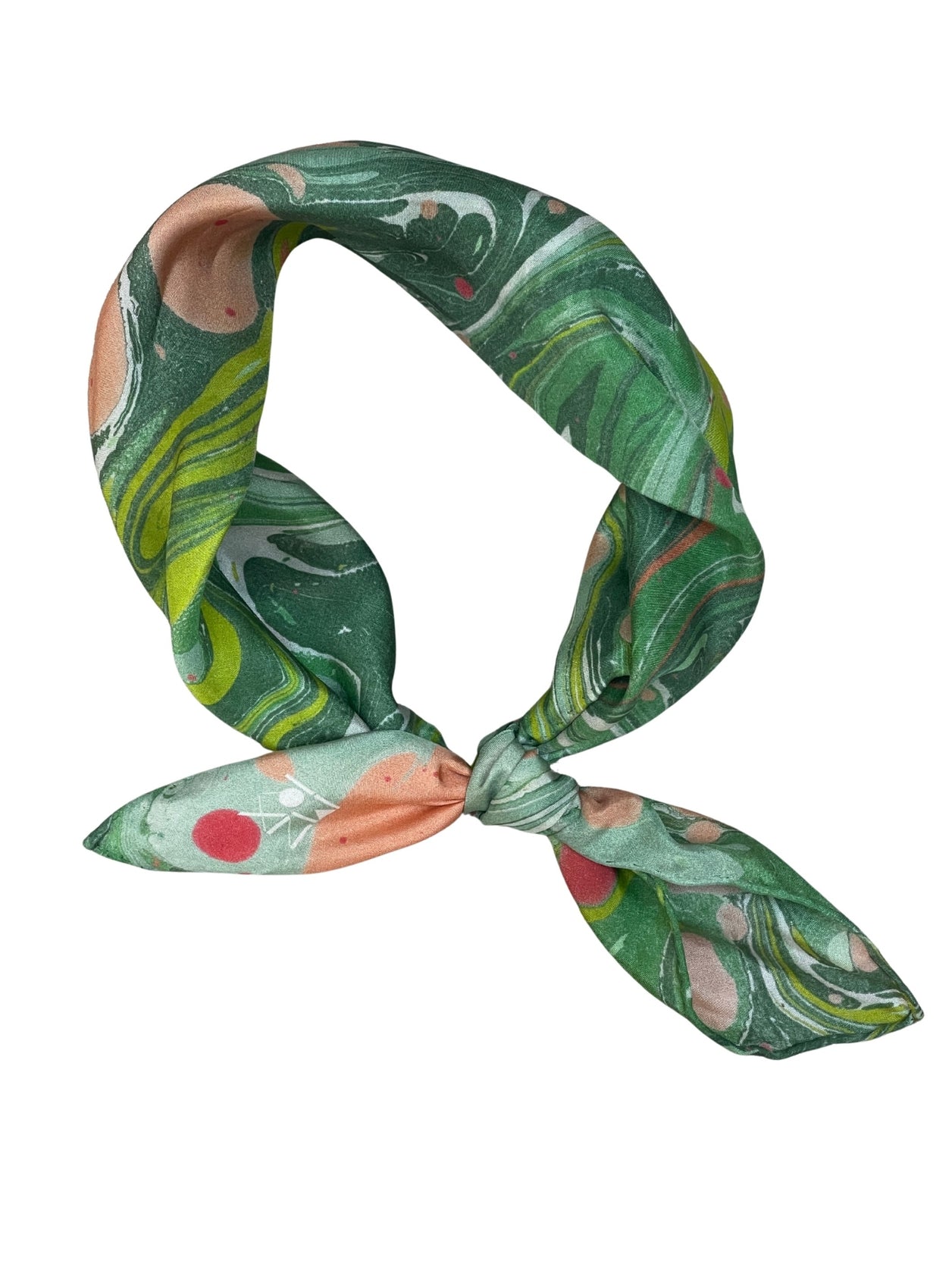 Green silk bandana with marbled swirl leaf and dot pattern, knotted bow at center.