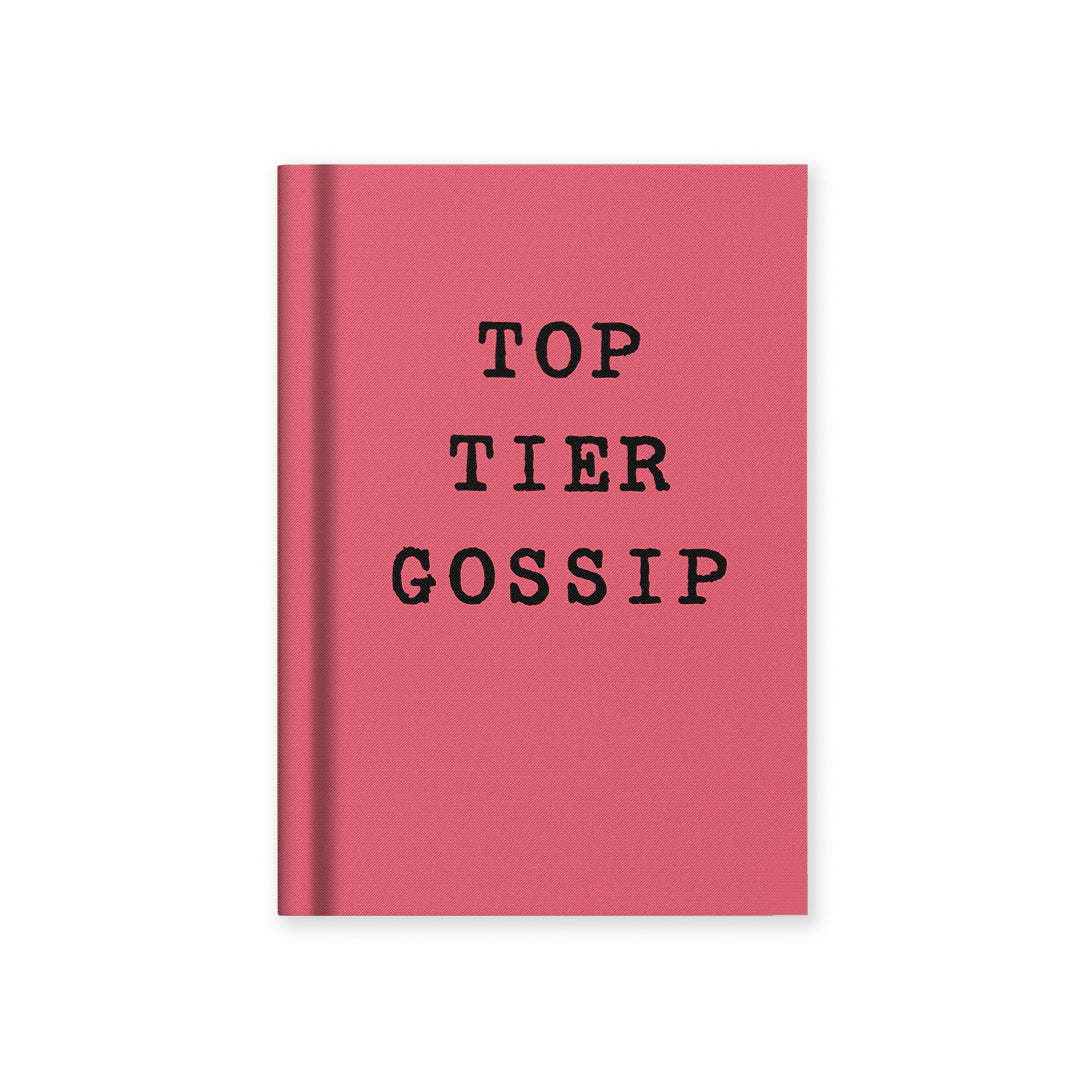 A7 hardback notebook with pink cover, “TOP TIER GOSSIP” text