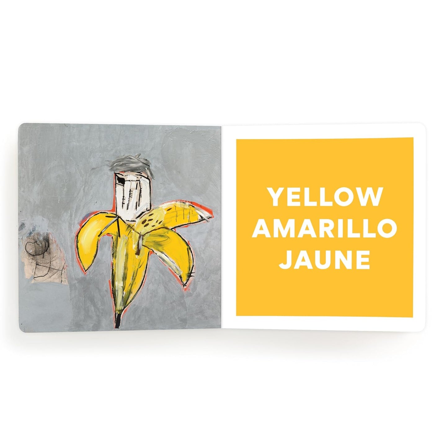 Board book open spread with yellow artwork and YELLOW AMARILLO JAUNE panel