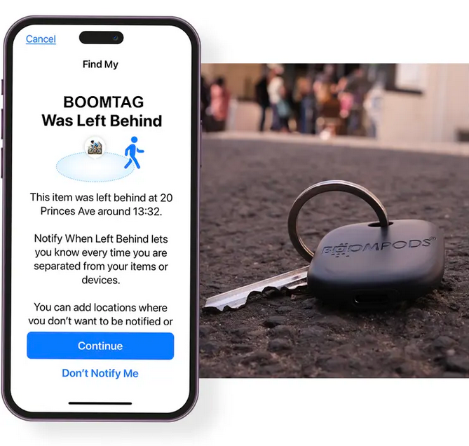Key finder tag on a surface with smartphone showing an item-notification screen