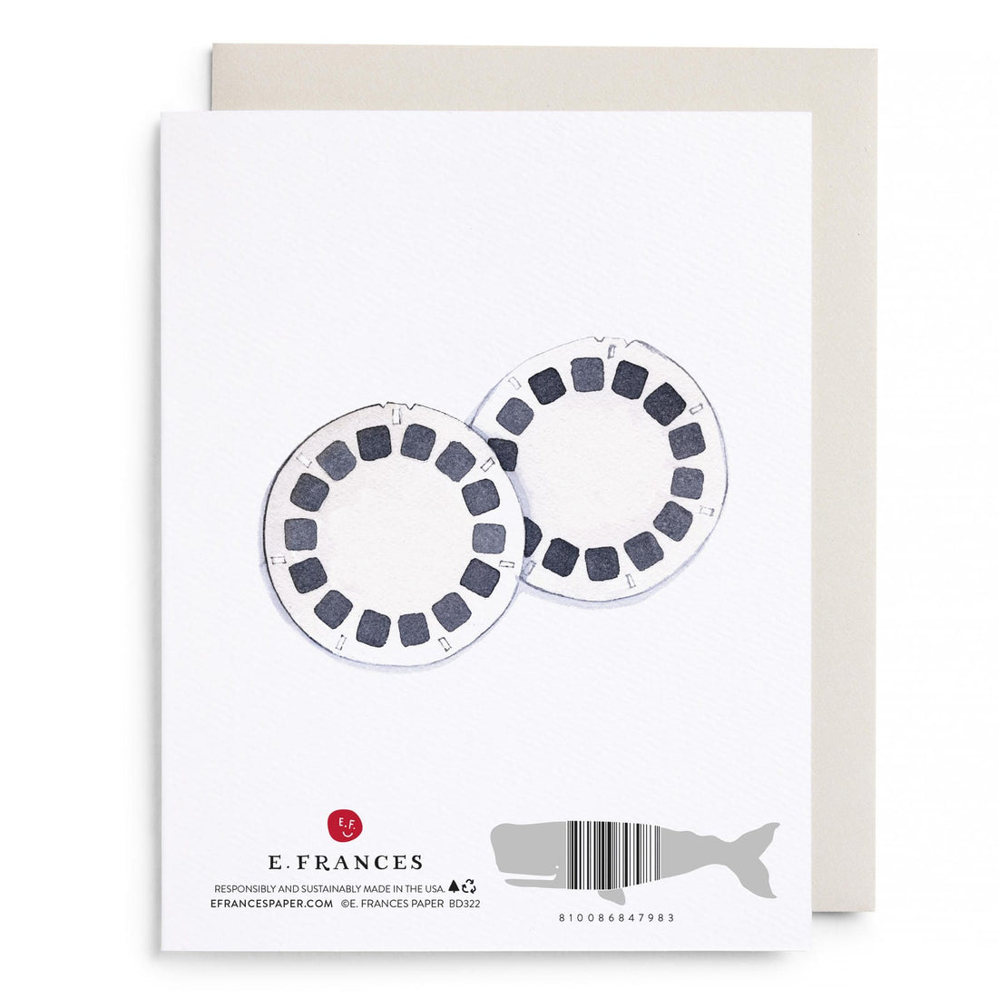 Birthday card back with two round viewfinder drawings, barcode, and whale-shaped logo