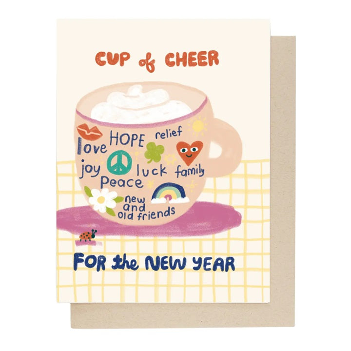 Cup of cheer New Year greeting card with illustrated mug and 'FOR the NEW YEAR' text