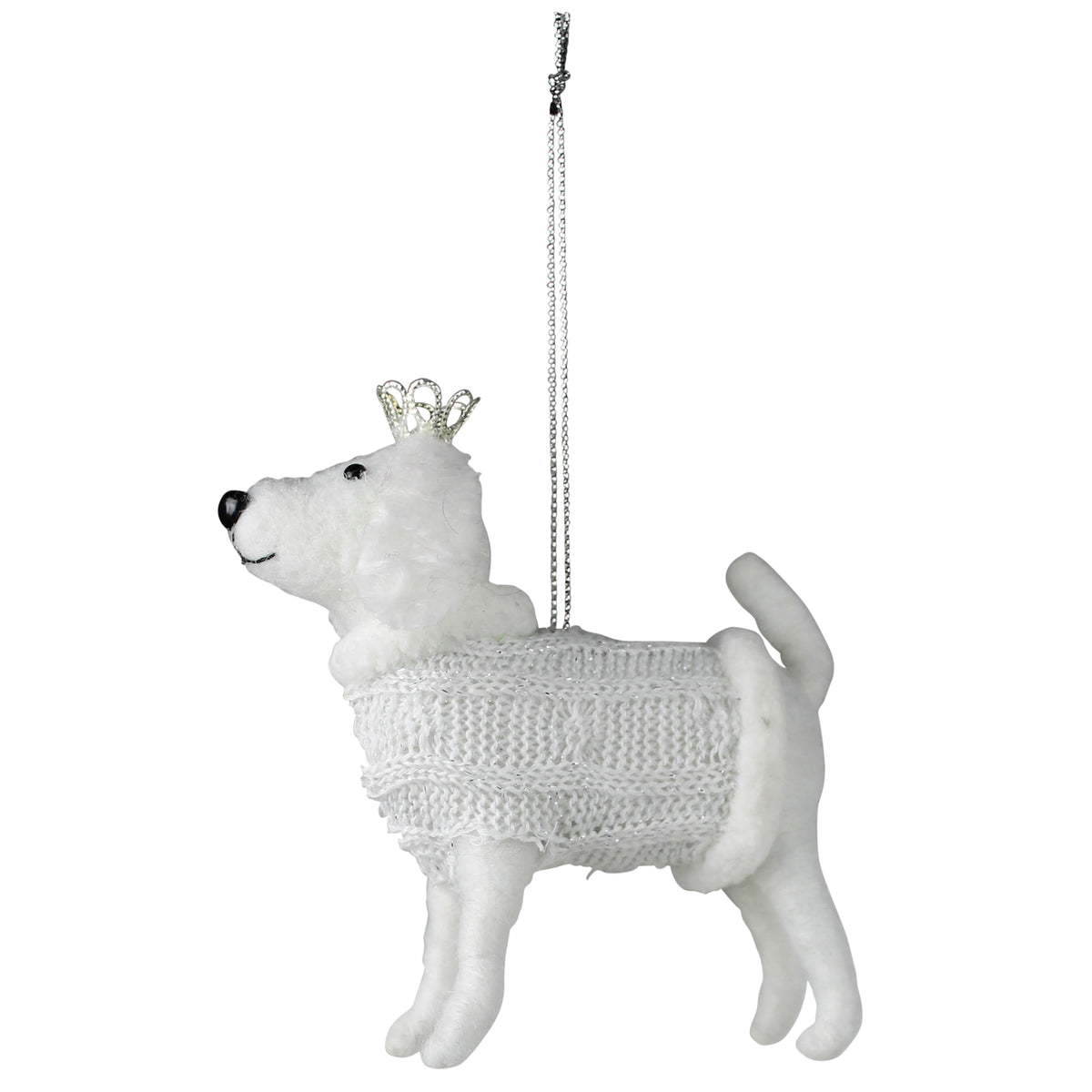 Felt white dog ornament with jeweled crown and hanging chain
