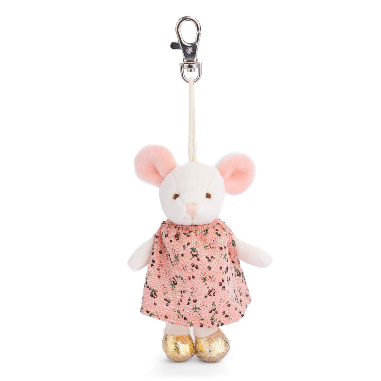 Plush mouse bag charm with pink dress and golden shoes, metal keyring clip