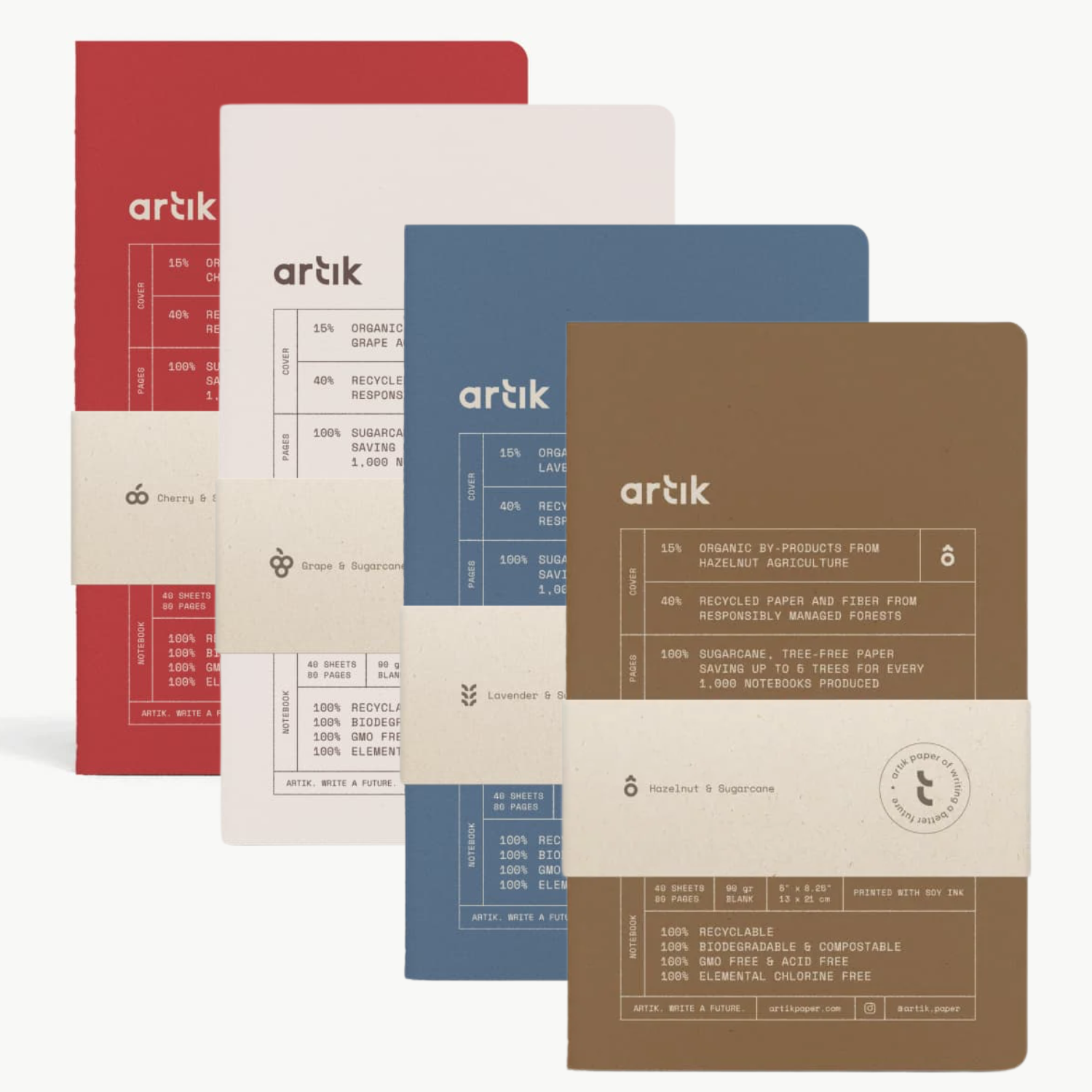 Pack of 2 sewn notebooks in red, cream, blue, and brown covers