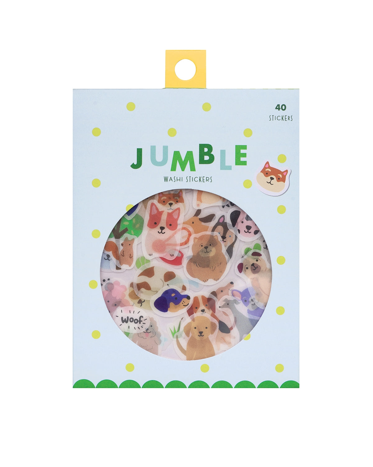 Dog washi sticker set packaging with 40 stickers and a circle of assorted dog faces
