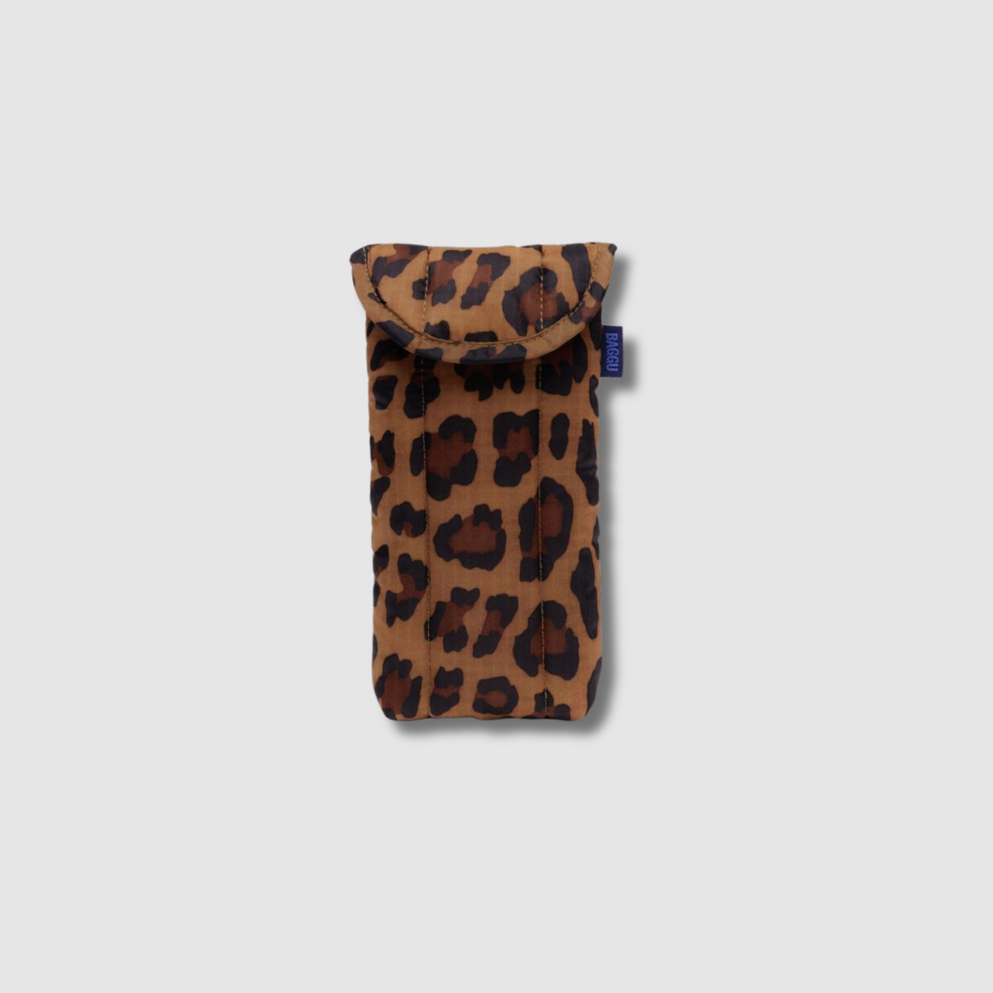 Padded glasses sleeve with leopard print fabric and fold-over flap