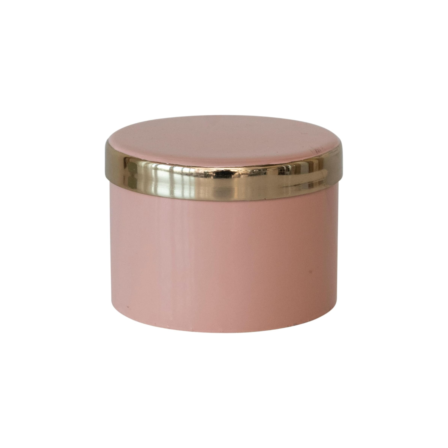 Pink round enamel metal box with polished gold lid