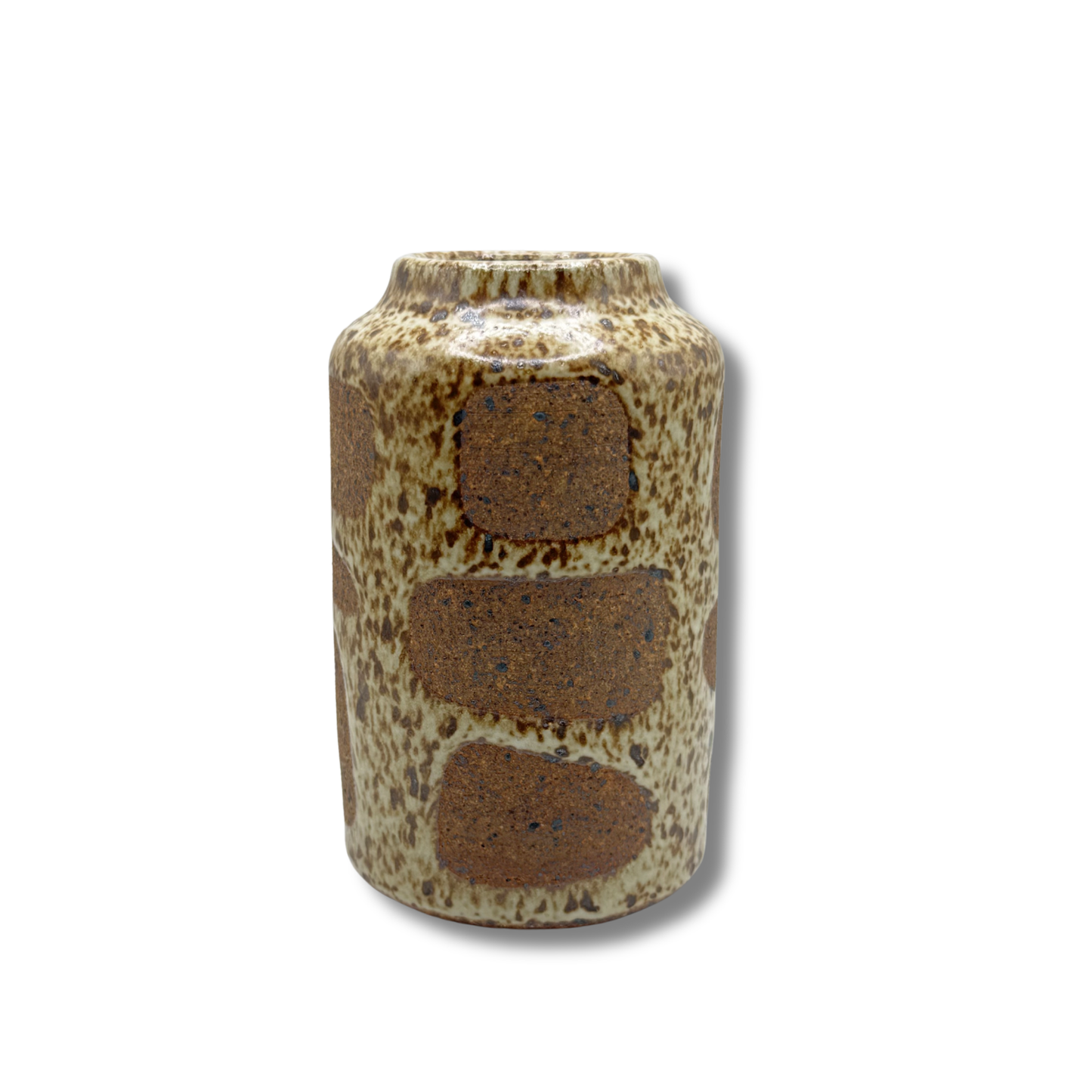 Speckled ceramic mini vase with short neck, brown patch details on cream.