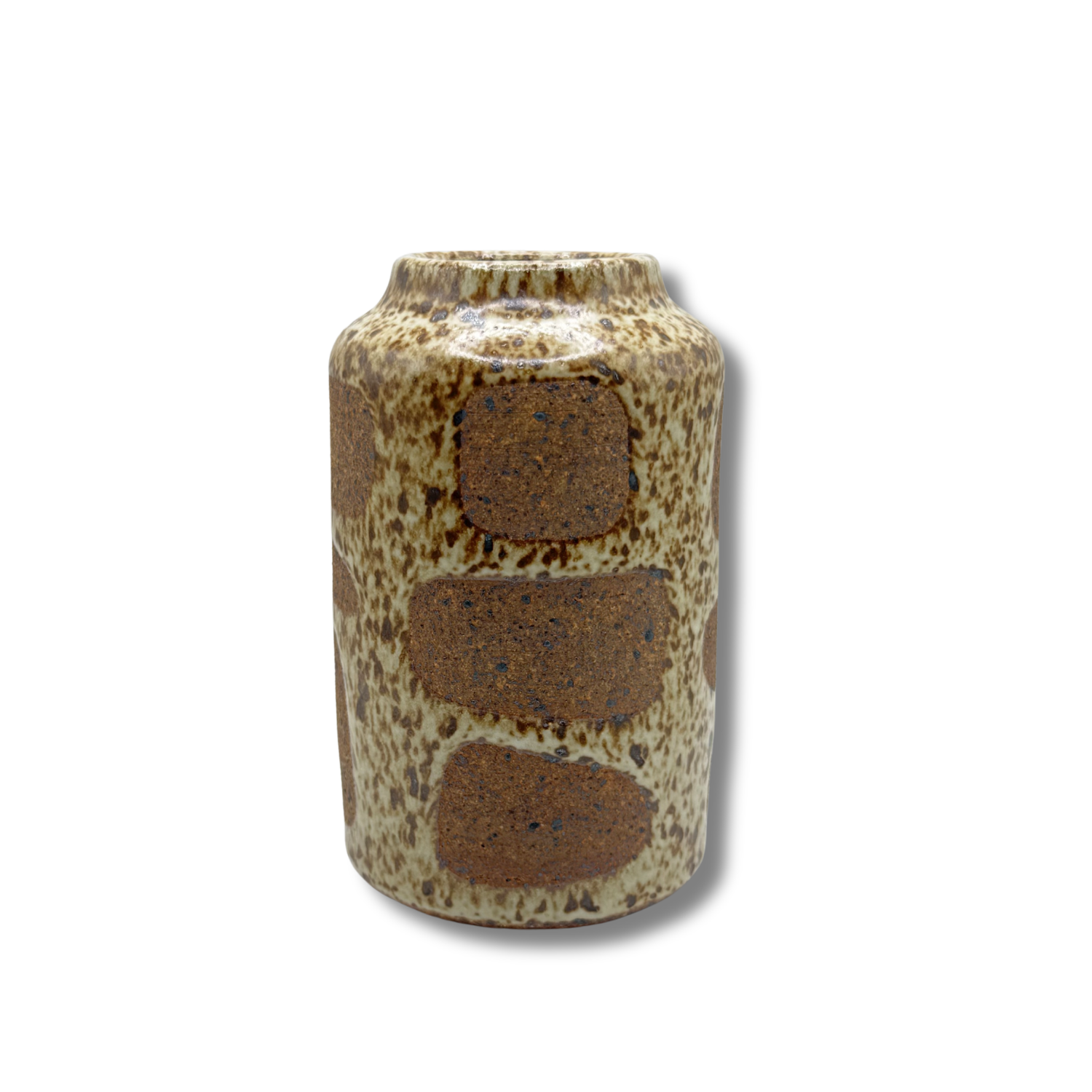 Speckled ceramic mini vase with short neck, brown patch details on cream.