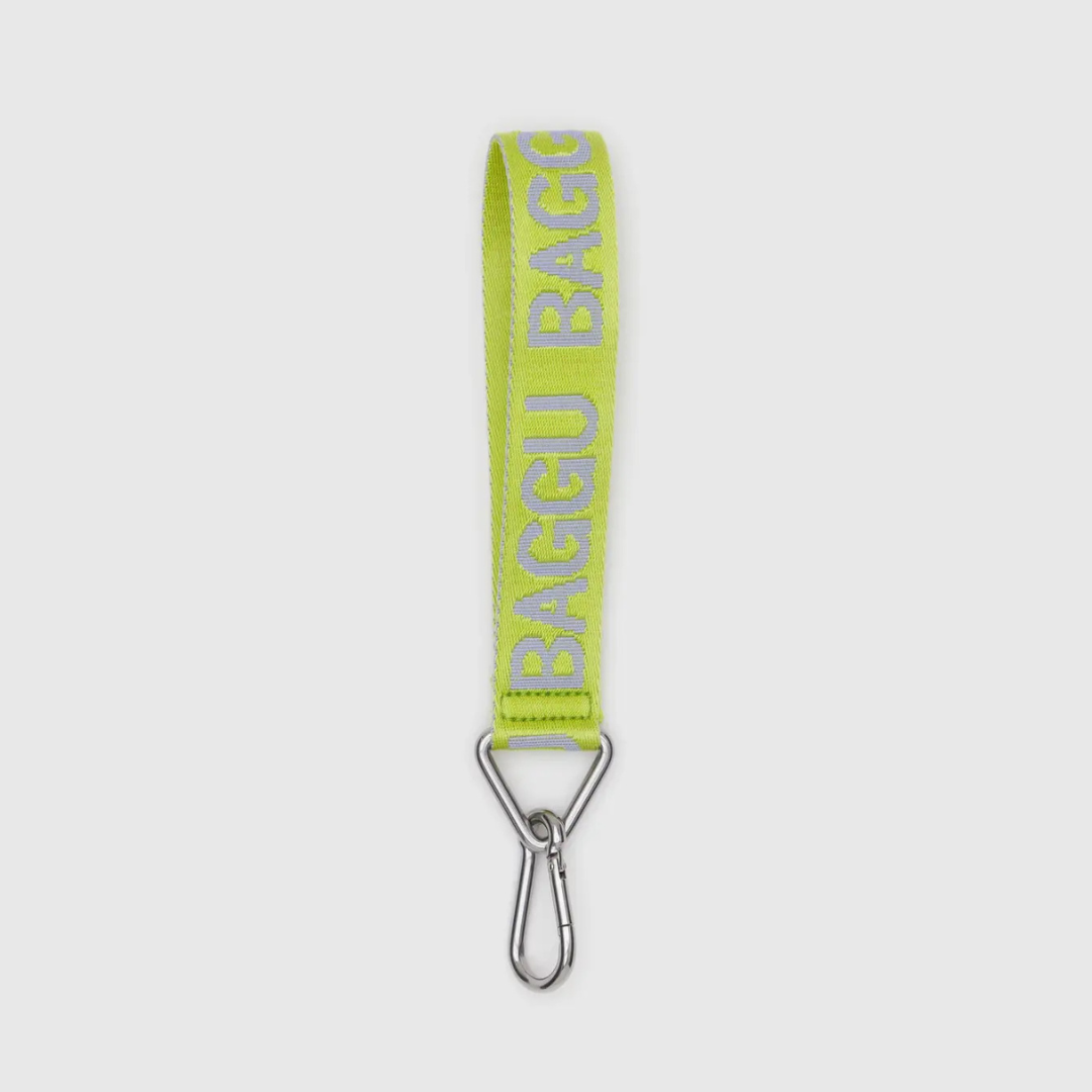 Lime green BAGGU logo keychain with silver metal clasp and loop