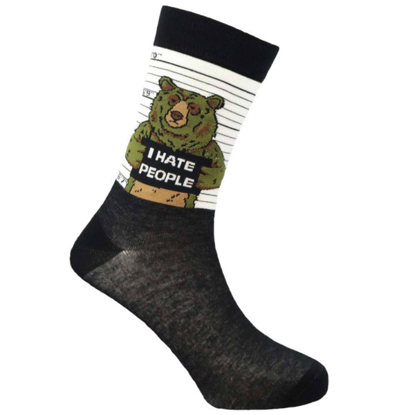 Natural bamboo knit crew socks with bear graphic and “HATE PEOPLE” text, dark gray/black
