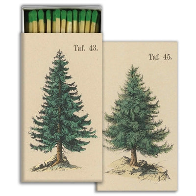 Pine tree matchbox set with illustrated evergreen trees on beige labels
