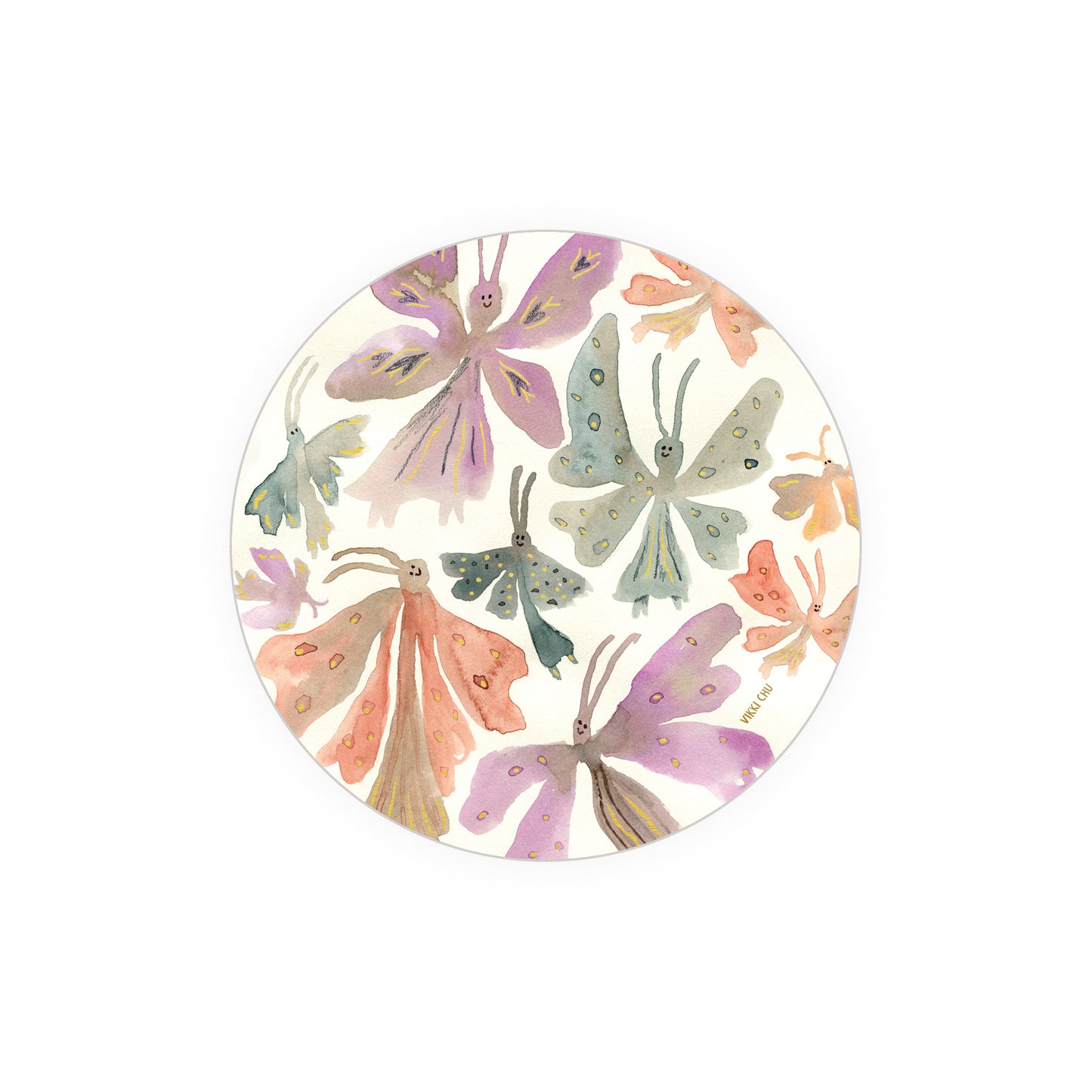 Round coaster with watercolor butterfly print, light cream background