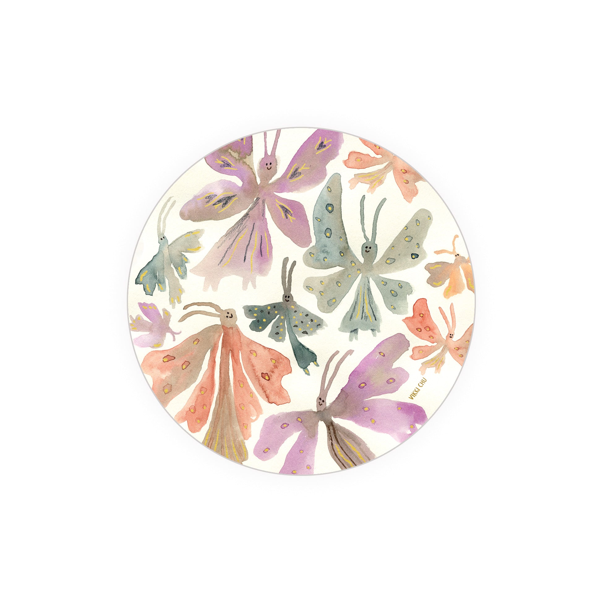 Round coaster with watercolor butterfly print, light cream background