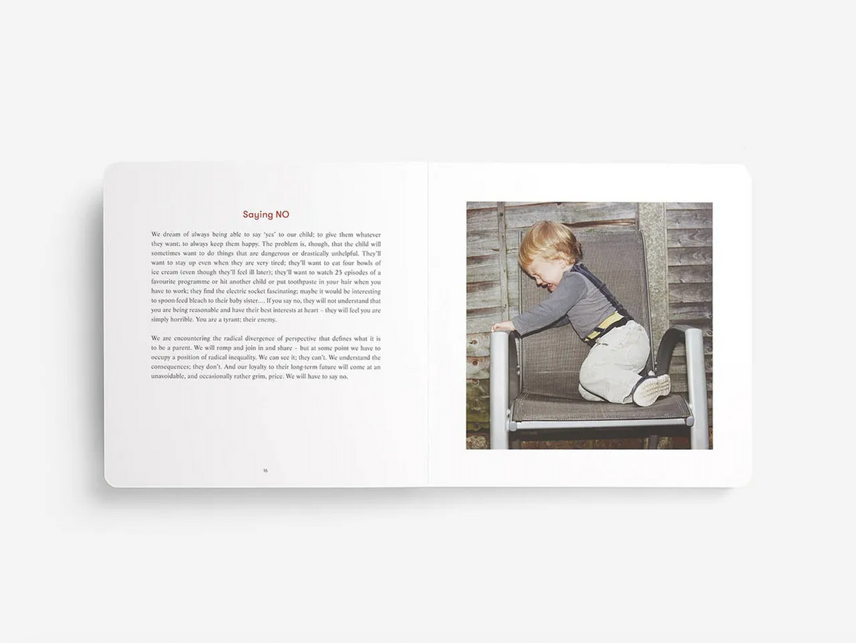 Parenting book open spread with text page and child sitting on porch swing