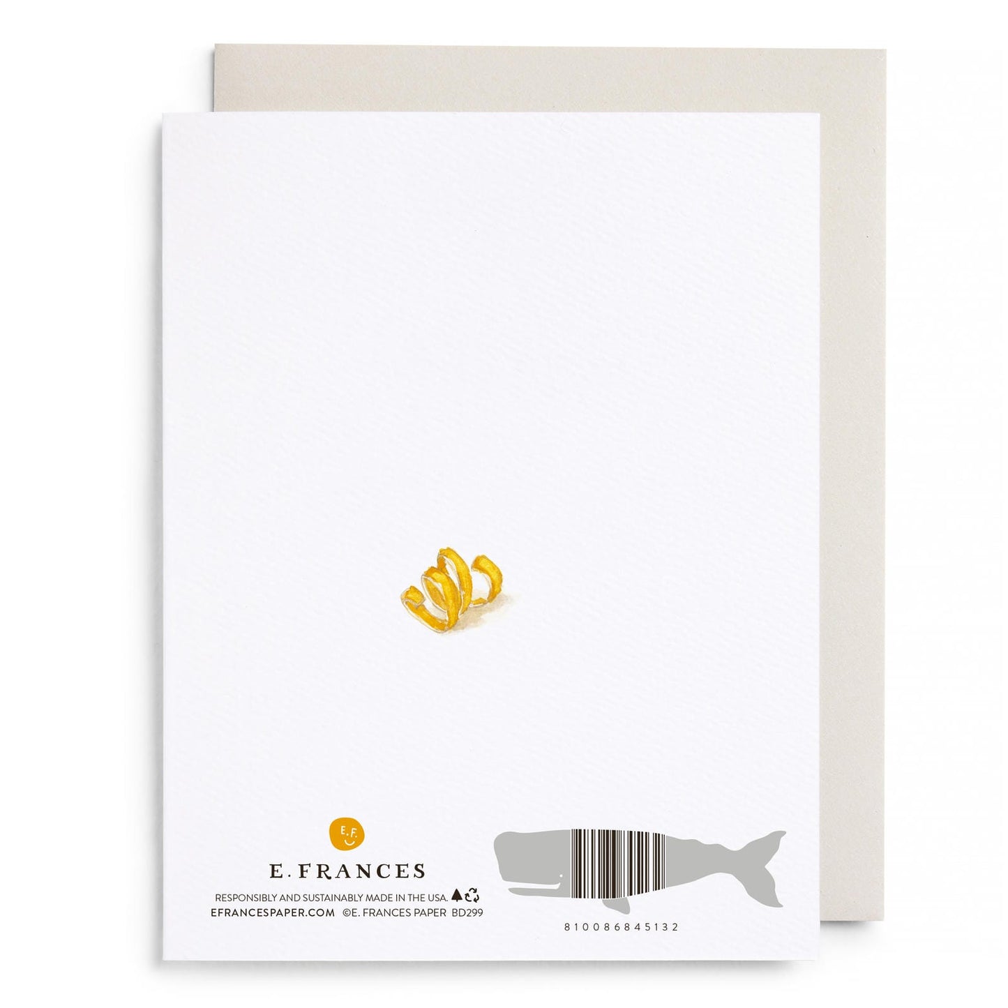 Back of birthday greeting card with E. Frances logo, barcode, and fish icon