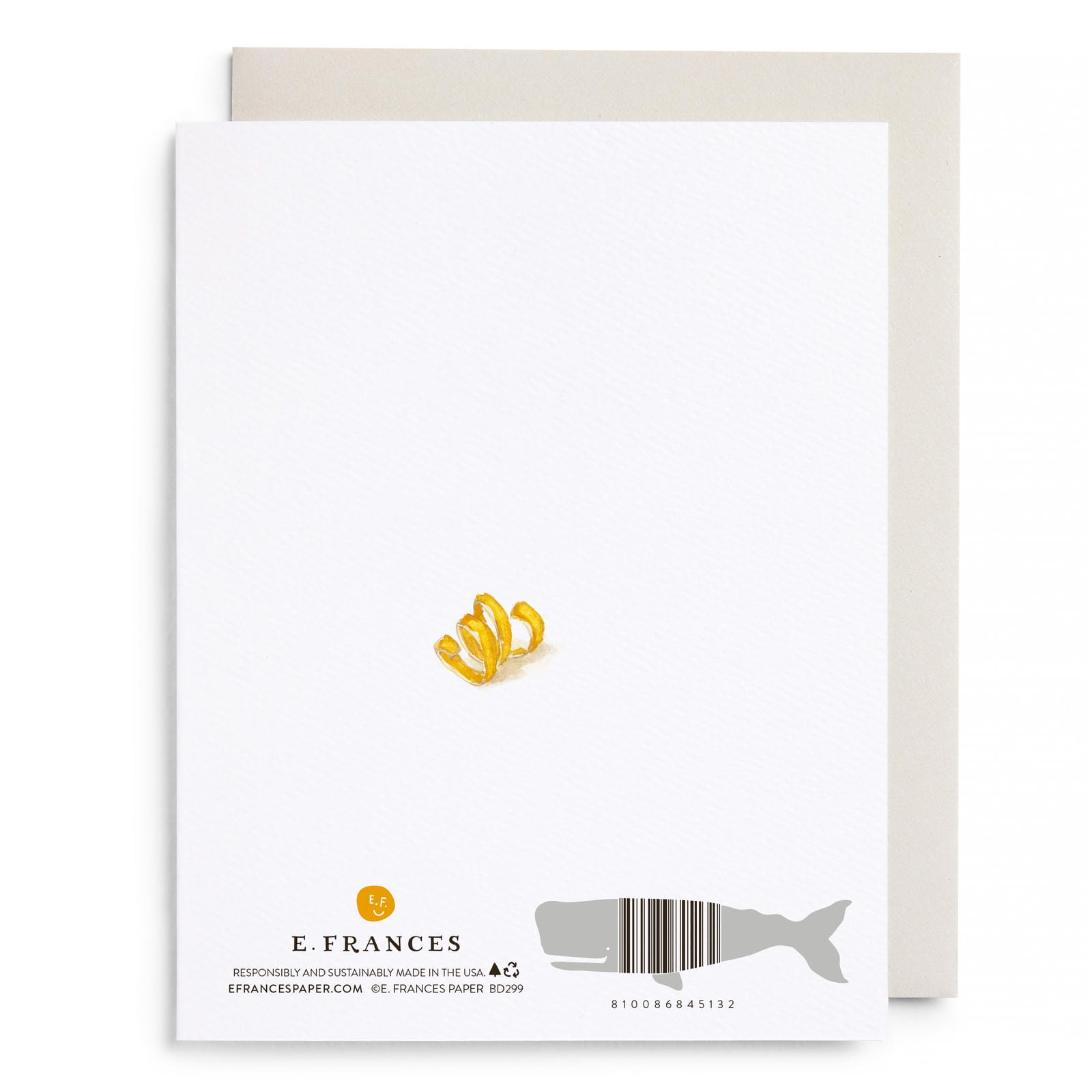 Back of birthday greeting card with E. Frances logo, barcode, and fish icon