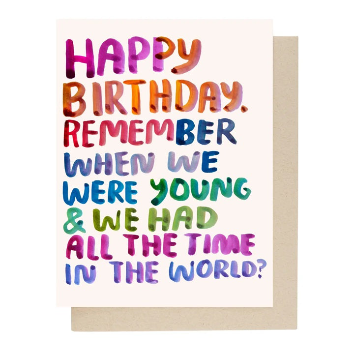 Happy Birthday Remember When birthday card with colorful lettering and kraft envelope