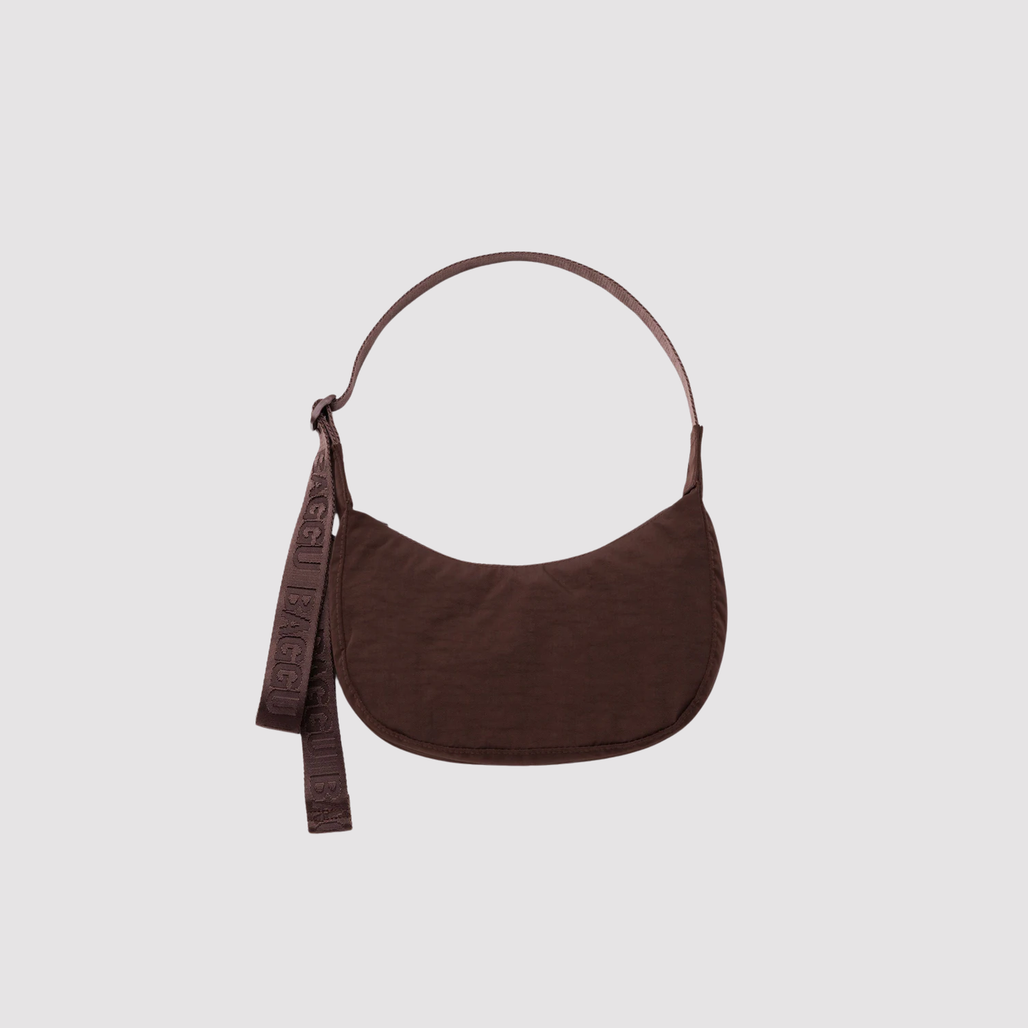 Small nylon crescent bag, brown with wrist strap and key-ring hardware