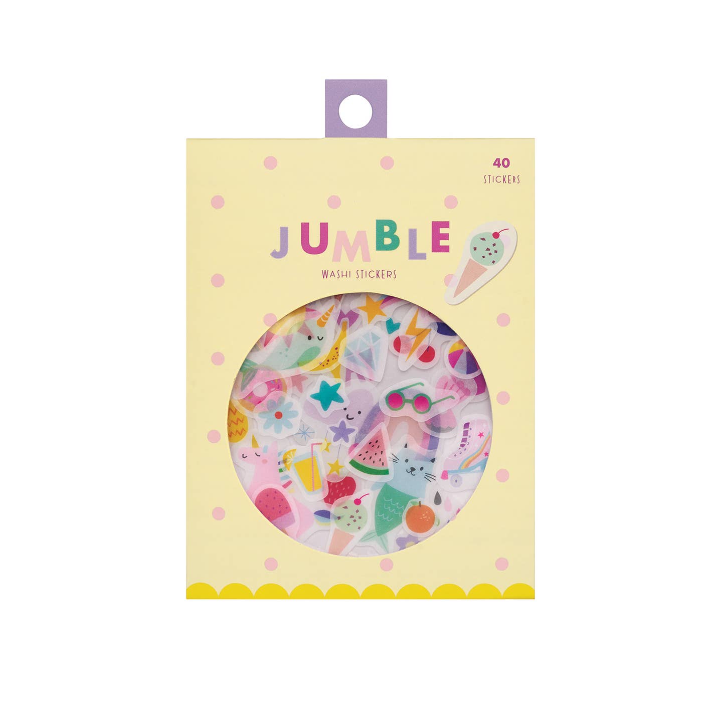 Washi sticker set pack with 40 colorful Jumble designs, assorted icons