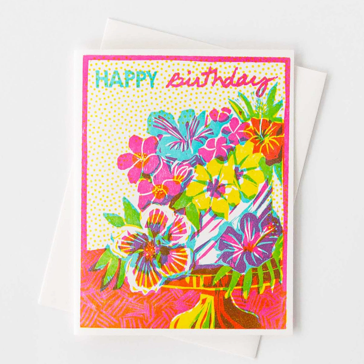 Birthday letterpress card with tropical floral artwork and "Happy Birthday" text