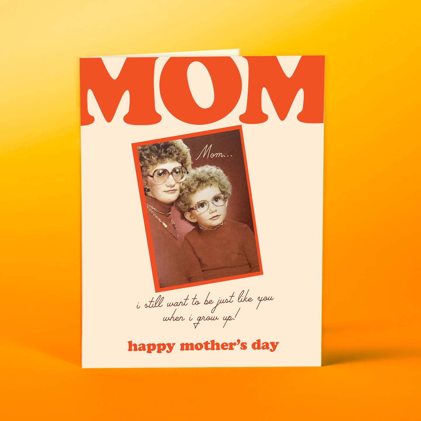 Mother's Day greeting card with 'MOM' text and vintage photo of Mom and child